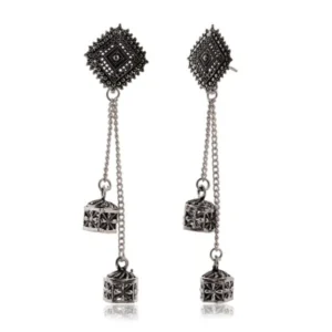 Women's Silver Circle Long Two AZ838-OXidised Unique Western Earrings for Women Party Wear
