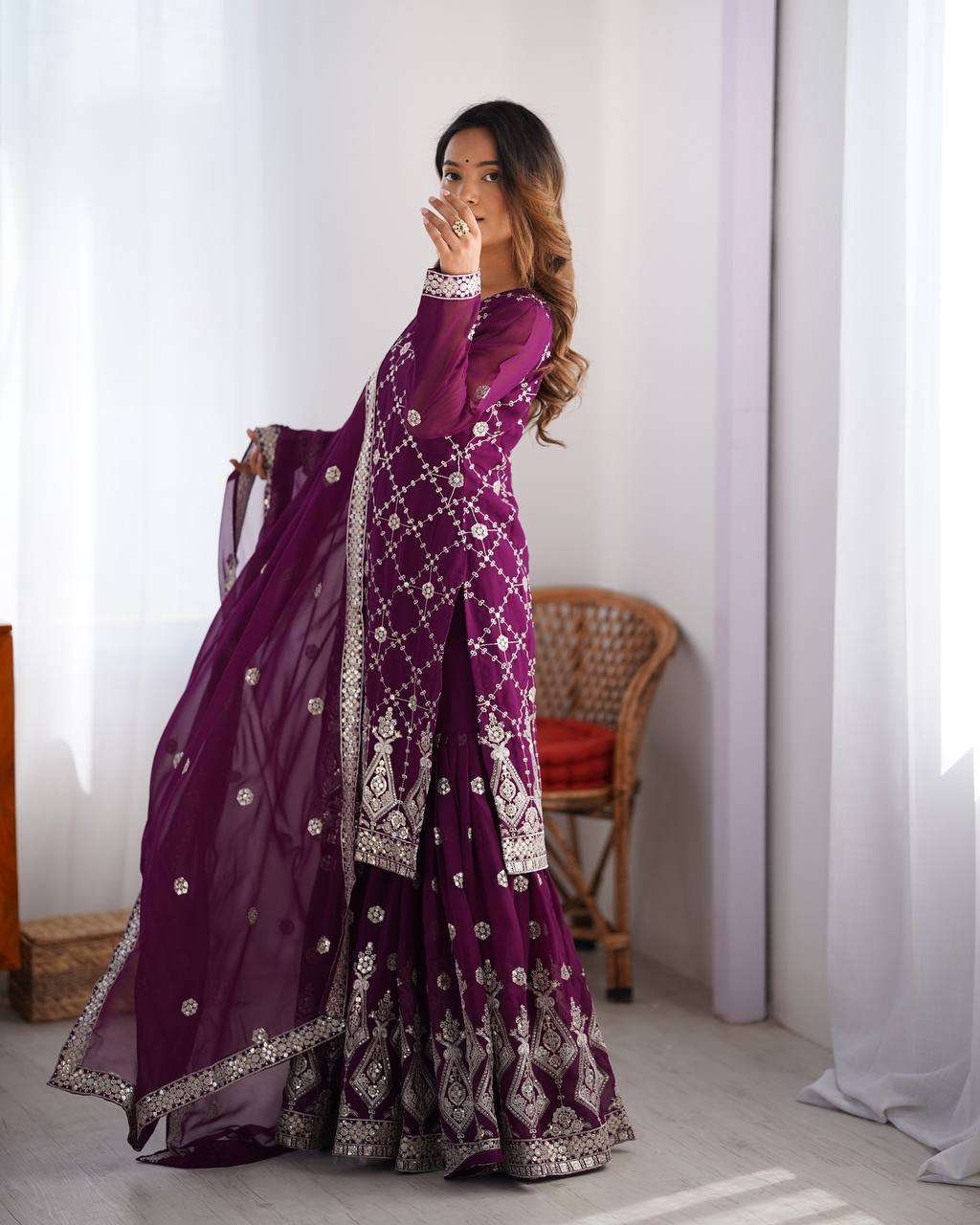 Women's Georgette Embroidery Work Straight Kurta With Sharara Suit and Dupatta Set - Image 4