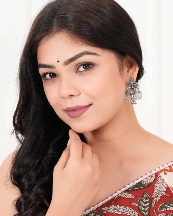 Women's Indian Traditional AZ838-OXidised Silver Earrings For Women | Elephent Design Jumki Wedding Wear - Image 4