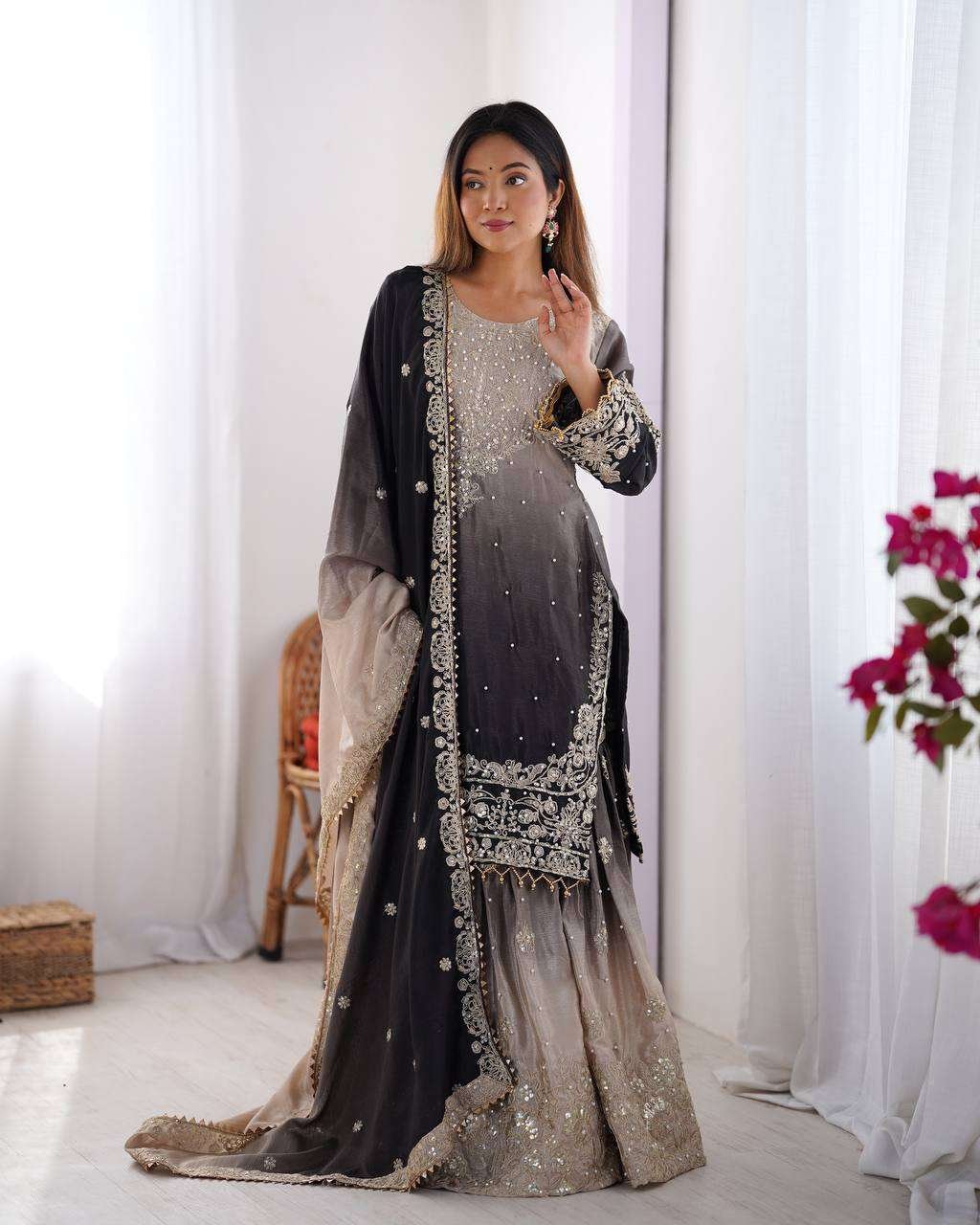 Women's Chinon Silk Sequence With Rivet Moti Work Straight Kurta With Sharara and Dupatta Set - Image 5