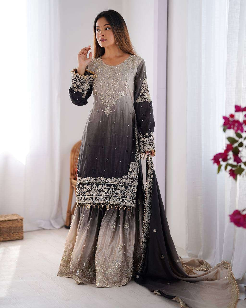 Women's Chinon Silk Sequence With Rivet Moti Work Straight Kurta With Sharara and Dupatta Set - Image 8