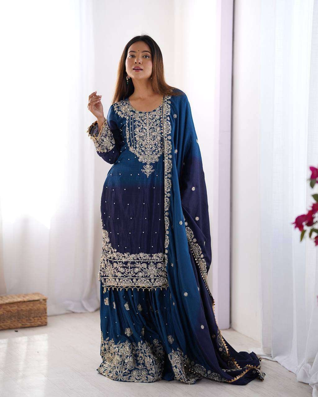 Women's Chinon Silk Sequence With Rivet Moti Work Straight Kurta With Sharara and Dupatta Set - Image 11