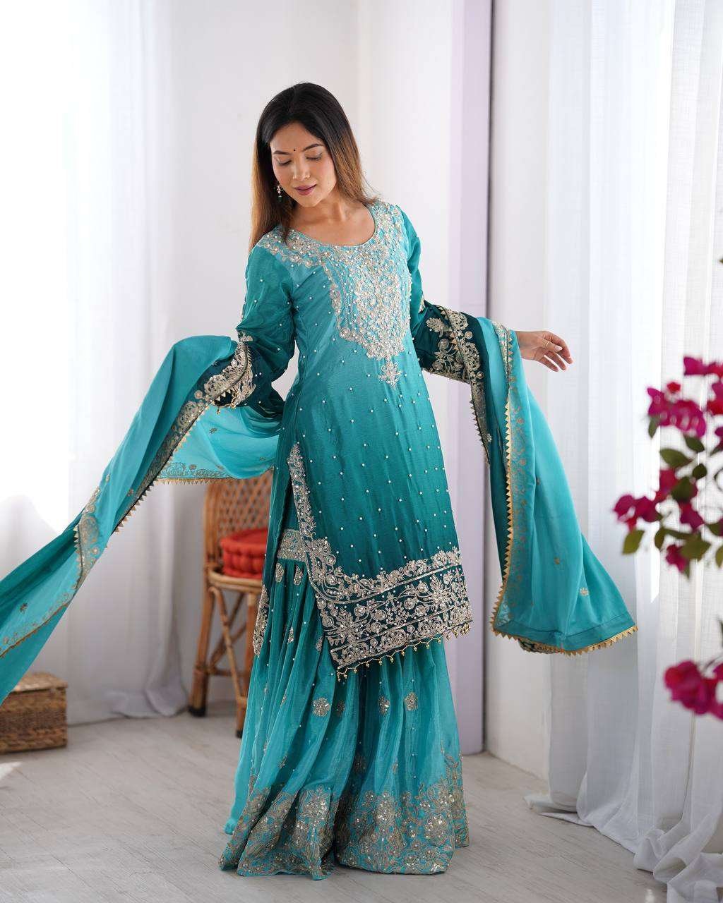 Women's Chinon Silk Sequence With Rivet Moti Work Straight Kurta With Sharara and Dupatta Set - Image 32