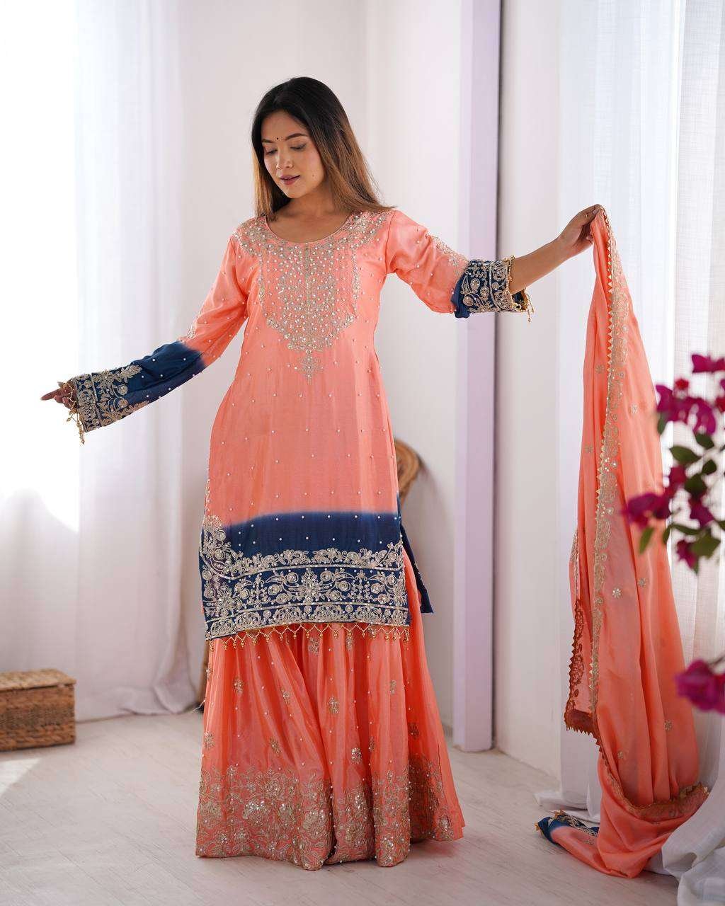 Women's Chinon Silk Sequence With Rivet Moti Work Straight Kurta With Sharara and Dupatta Set - Image 26