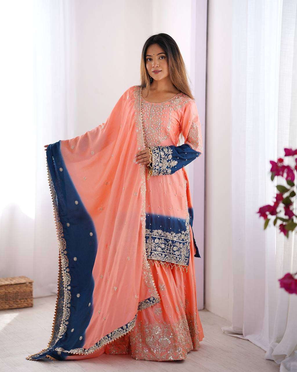 Women's Chinon Silk Sequence With Rivet Moti Work Straight Kurta With Sharara and Dupatta Set - Image 27