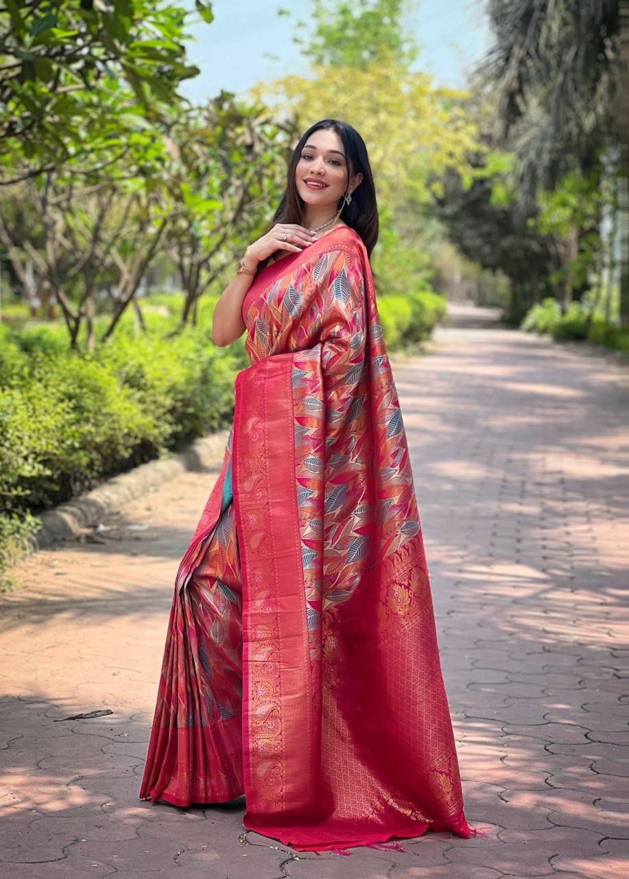 Women's Luxurious Pista Green & Pink Art Silk Saree with Intricate Leaf Weave & Broad Zari Border – Ideal for Festive & Wedding Occasions - Image 5