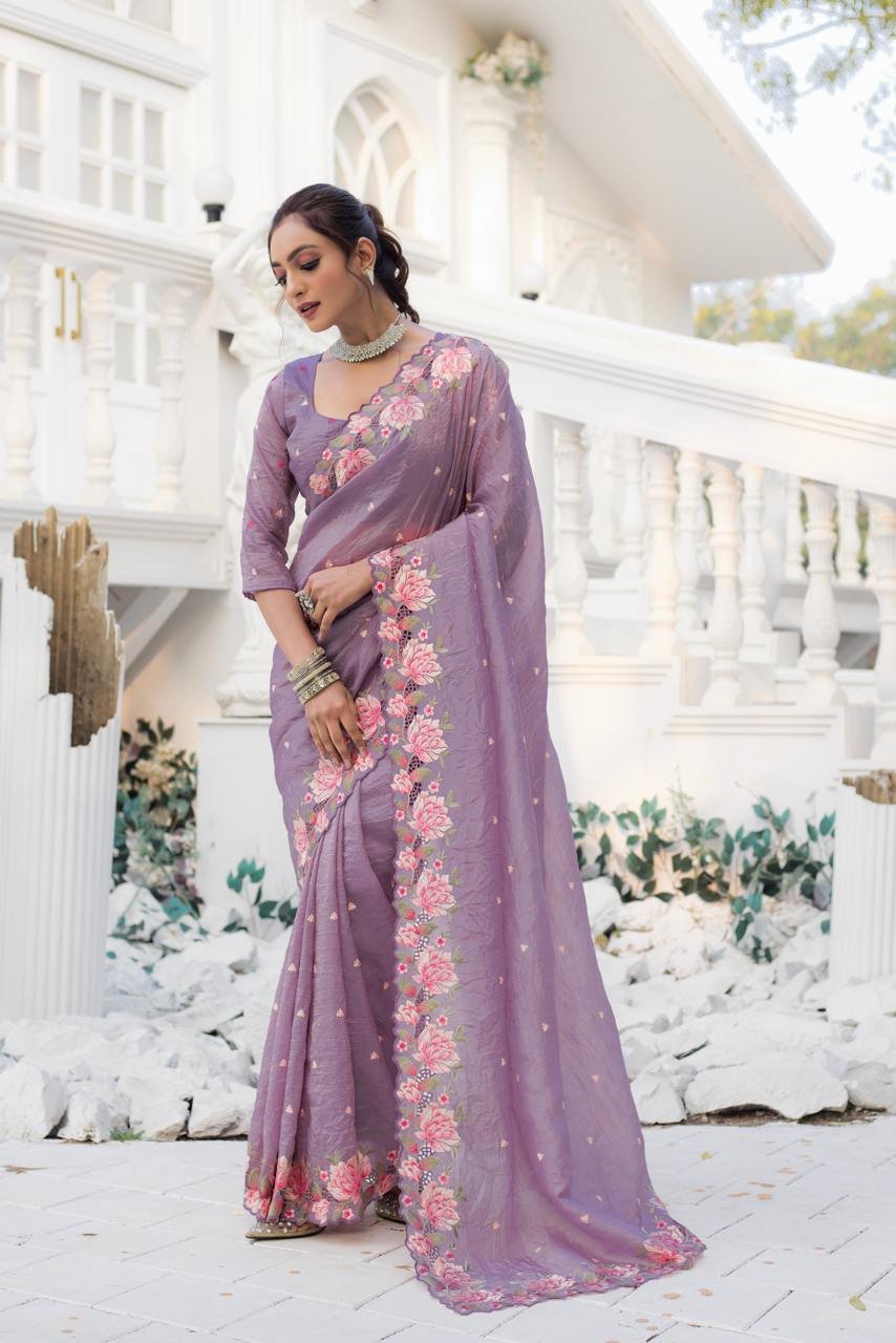 Women's Pristine White Organza Saree with Exquisite Pink & Green Floral Thread Embroidery – Complete with Matching Embroidered Blouse for Festive & Summer Wear - Image 17