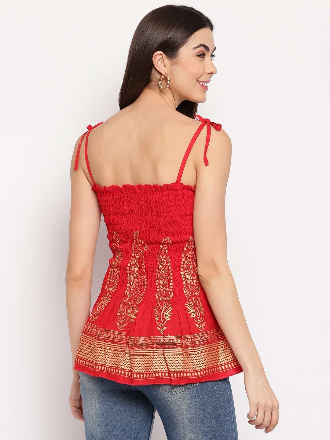 Women's Rayon Buta Printed Casual Summer Style Tie Shoulder Straps Free Size Tank Top ( Red Gold Pattern) - Image 2