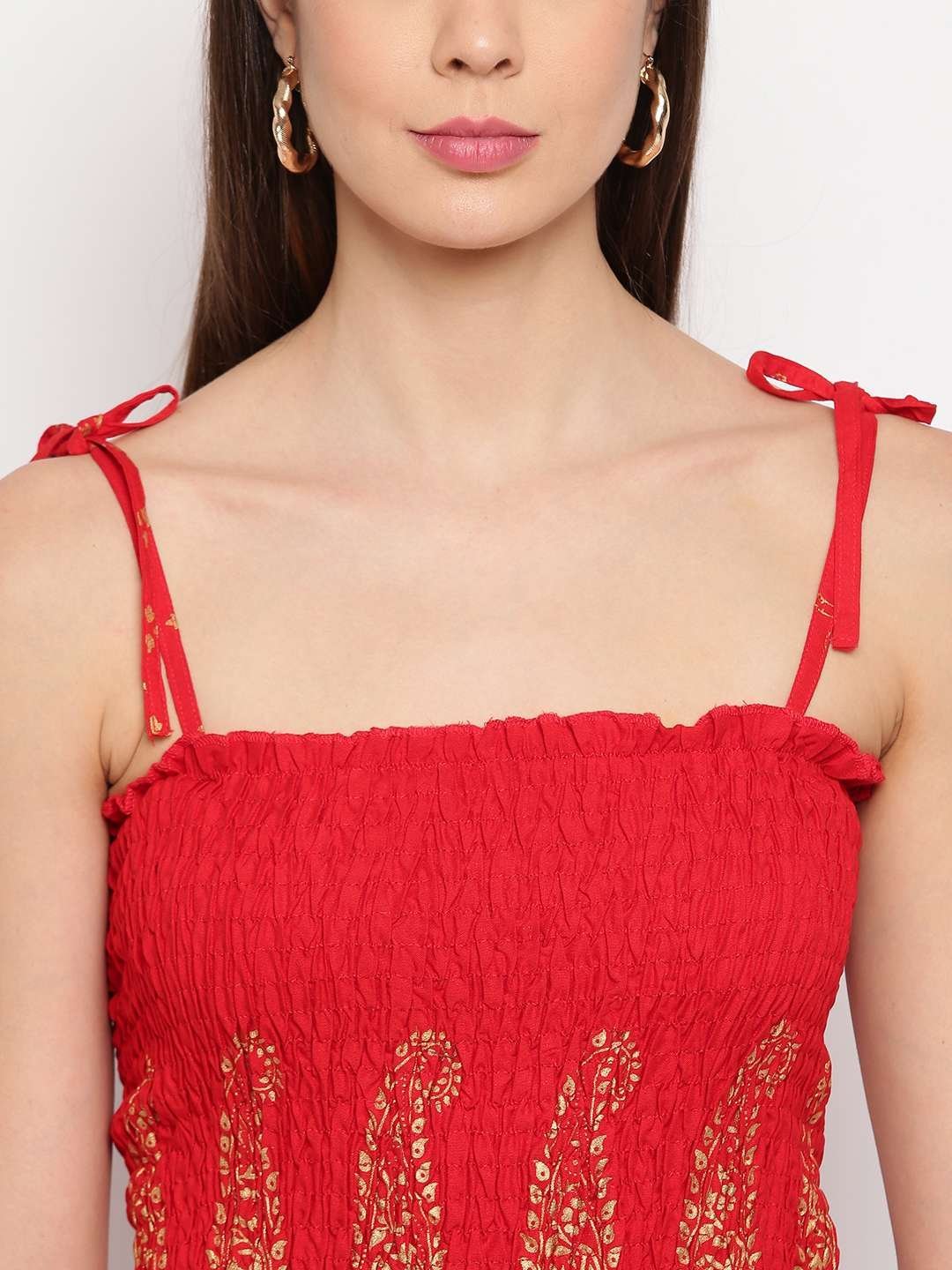 Women's Rayon Buta Printed Casual Summer Style Tie Shoulder Straps Free Size Tank Top ( Red Gold Pattern) - Image 3