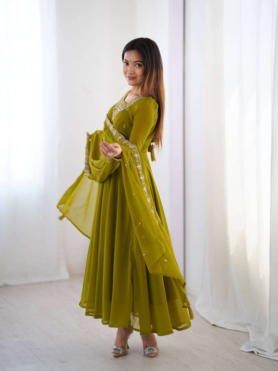 Womens Crunchy Silk Anarkali Kurti with Pant & Dupatta Set - Image 7